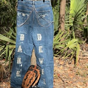 Men's Blue Denim Jeans with Chain Detail